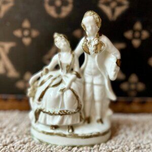 Antique Ceramic Porcelain Staffordshire-Style Couple, White Gold